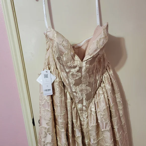 Azazie Strapless Floral Jacquard Midi Dress in Vintage Blush Champagne - Picture 8 of 8